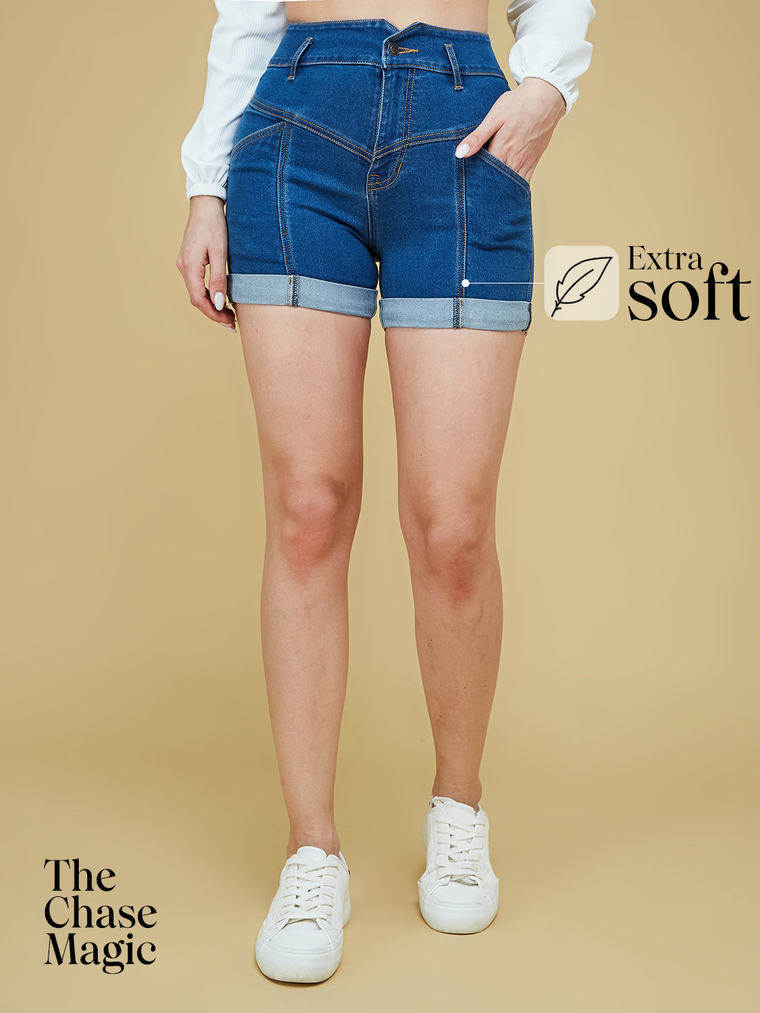 Blue Relaxed-Fit High-Rise Clean-Look Stretchable Blue Denim Shorts for Women