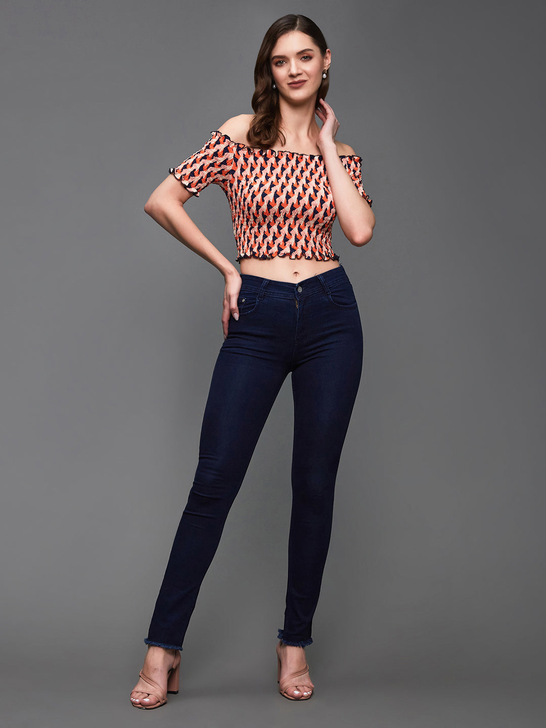 Women's Orange And Navy Bardot Half Sleeve Geometric Patterned Off Shoulder Smocked Crepe Crop Top