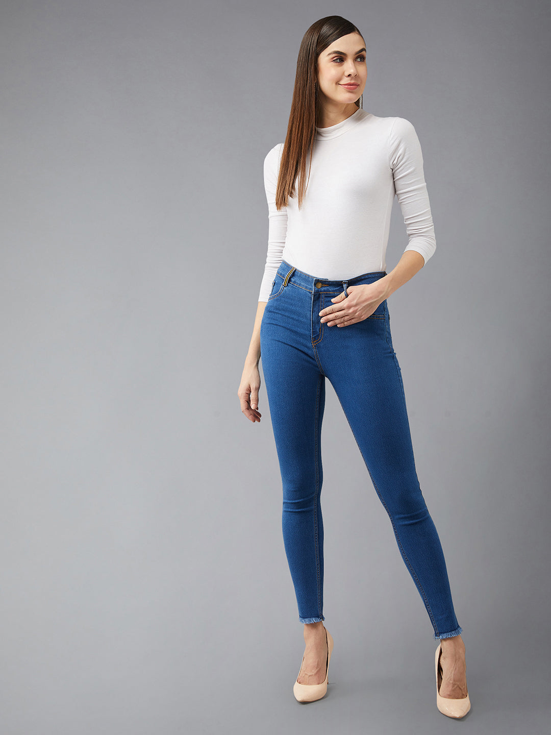 Women's Blue Skinny Fit High Rise Cropped Denim Stretchable Jeans