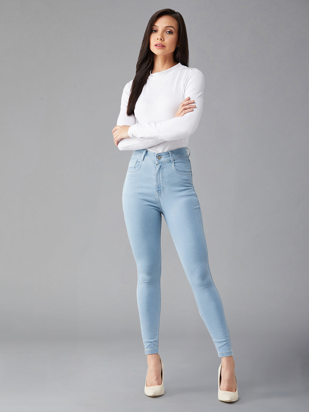 24/7 Comfort Women's Light Blue Skinny High Rise Distressed Denim Jeans