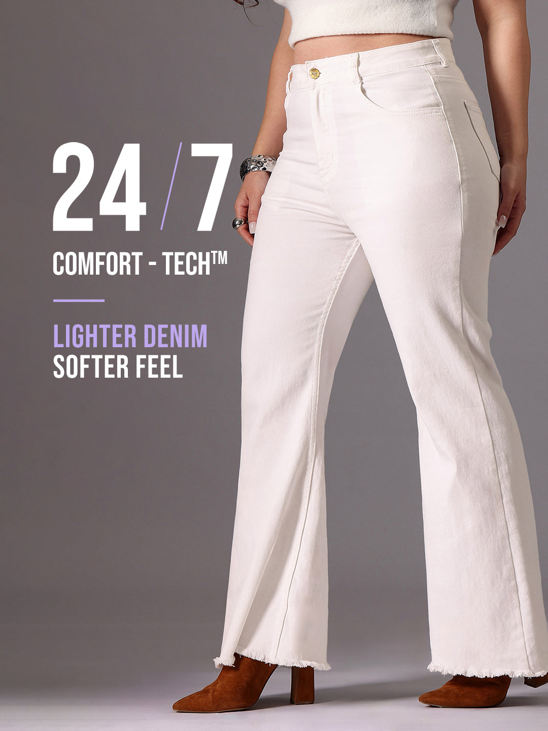 24/7 Comfort White Bootcut High-Rise Clean-Look Stretchable Denim Jeans for Women