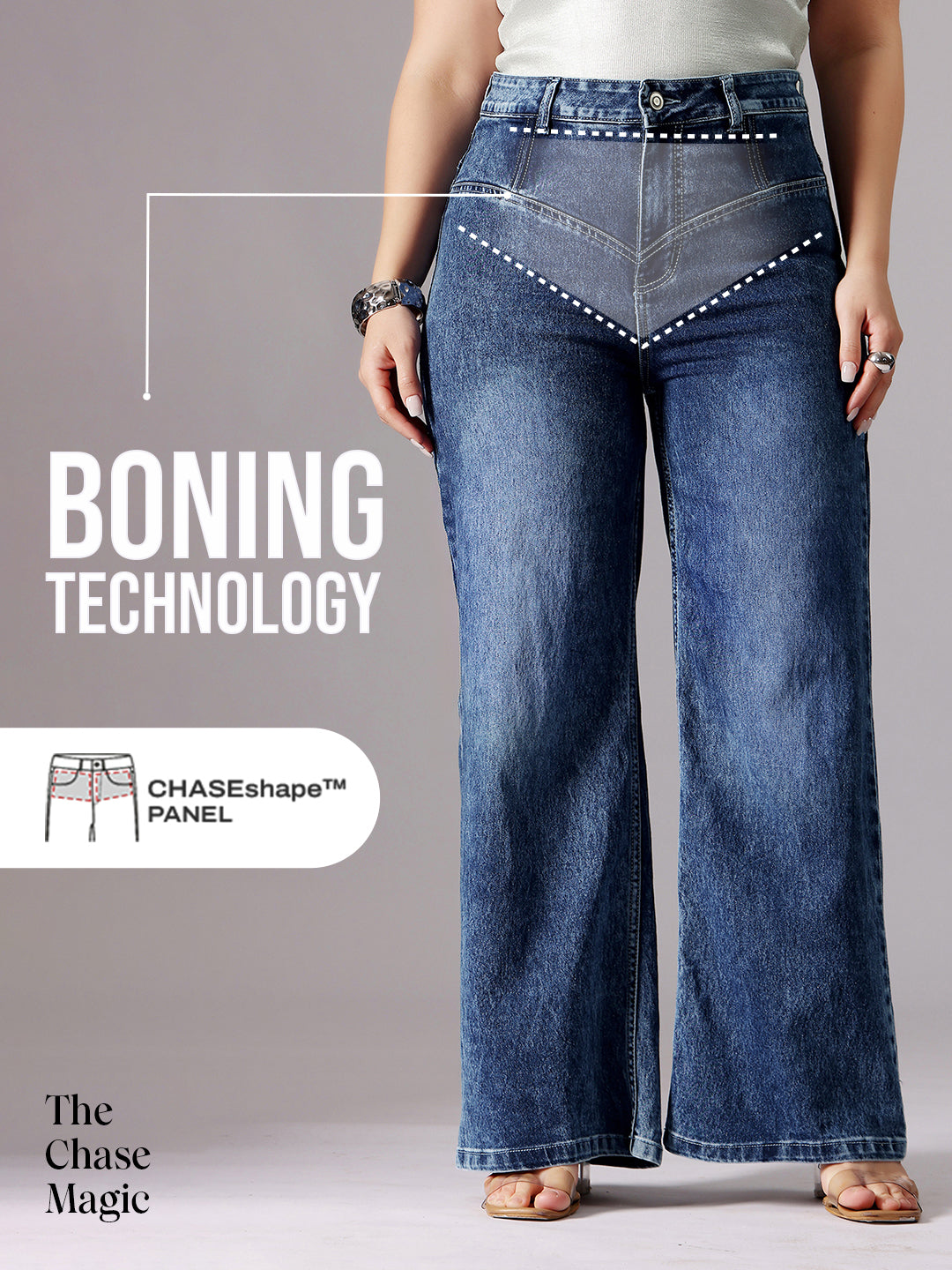 Tummy Smoothening Light-Shaping Wide-Leg High-Rise Dark Blue Denim Jeans with Boning Technology