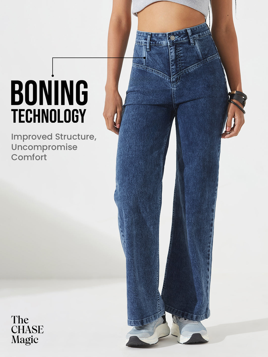 CHASEshape™ Light-Shaping Wide-Leg High-Rise Dark Blue Denim Jeans with Boning Technology for Women — Dolce Crudo