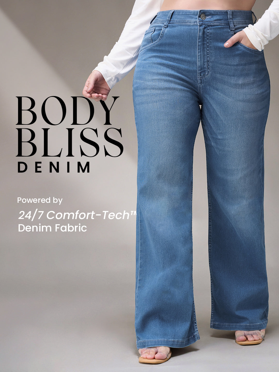 Body Bliss Light Blue Wide-Leg Mid-Rise Clean Look Regular Length Blast Effect Denim Jeans
