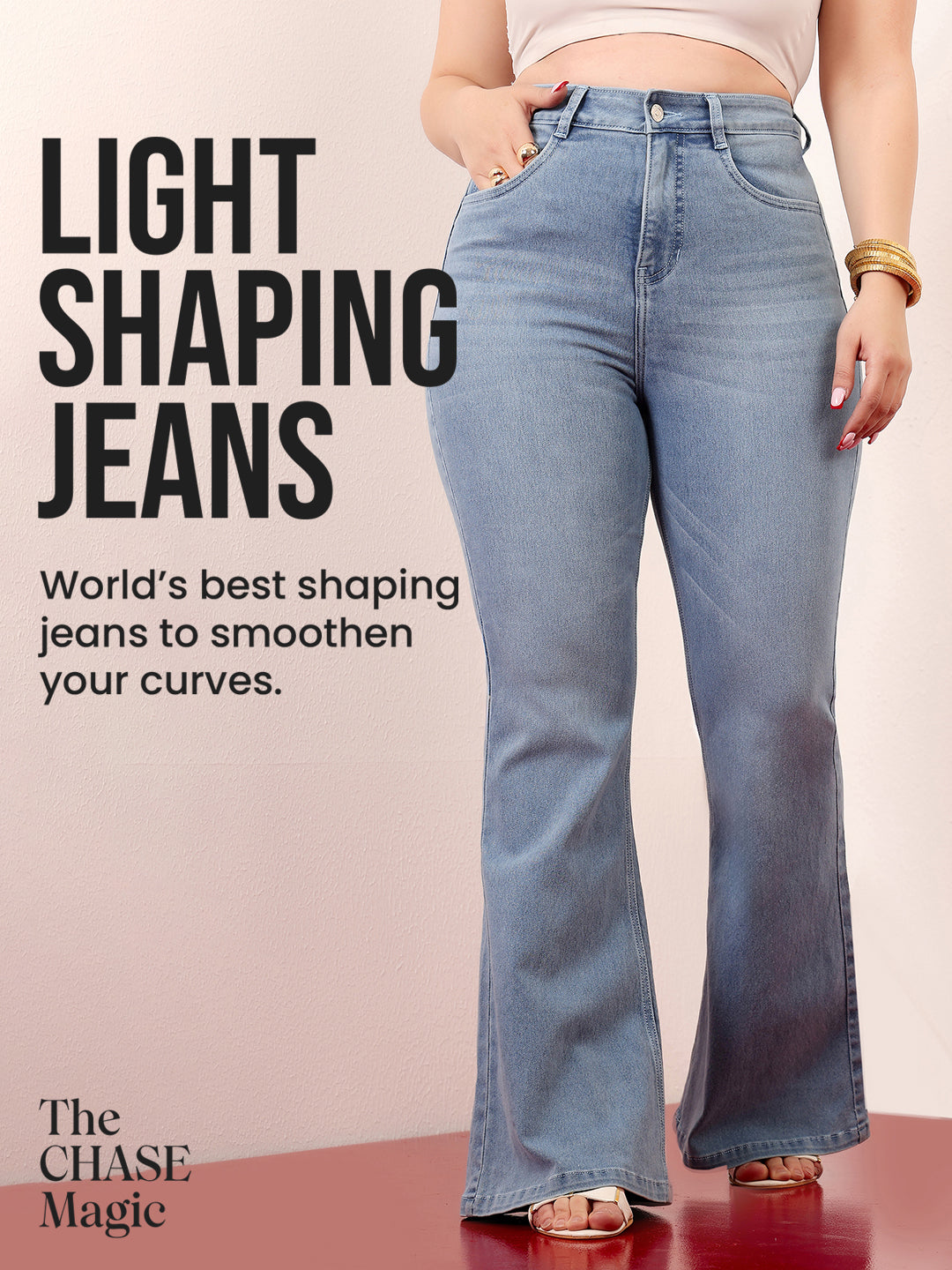 CHASEshape™ Light-Blue High-Rise Clean-Look Stretchable Denim Bootcut Shaping Jeans for Women