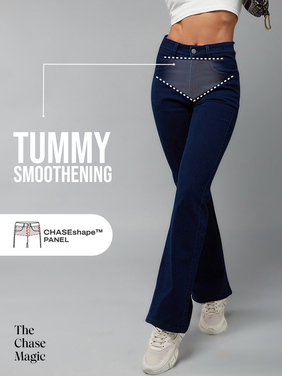 Tummy Smoothening Light-Shaping Bootcut High-Rise Navy Blue Denim Jeans