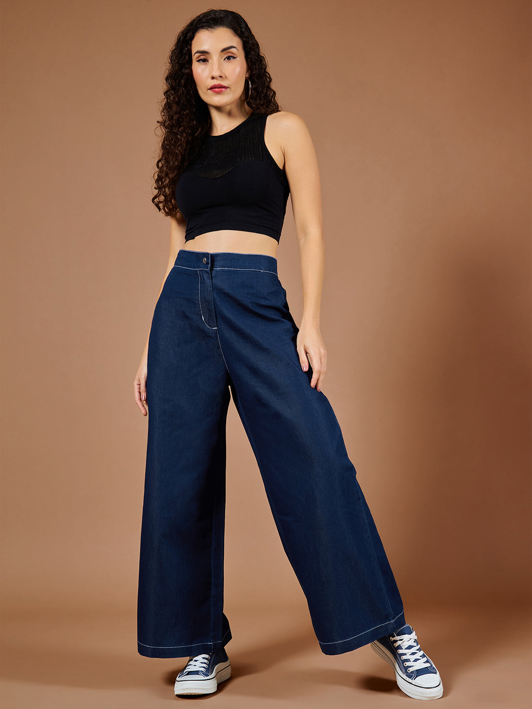 Women's Navy Blue Wide-Leg High Rise Denim Pants