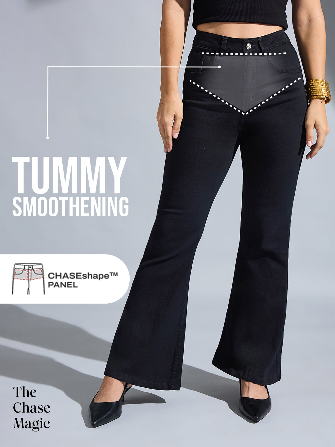 Tummy Smoothening Light-Shaping Bootcut High-Rise Black Denim Jeans