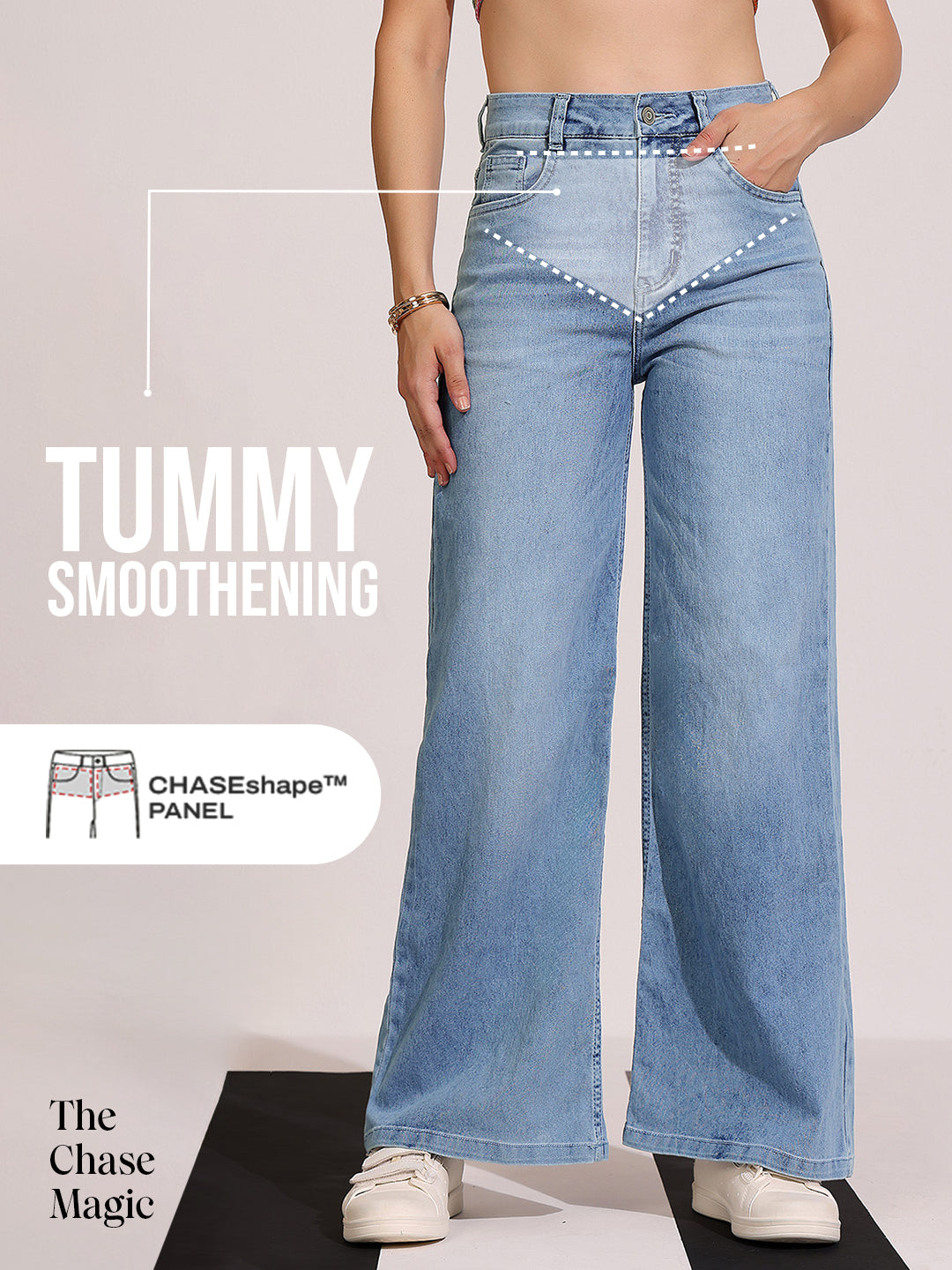Tummy Smoothening Light-Shaping Wide-Leg High-Rise Light-Blue Denim Jeans