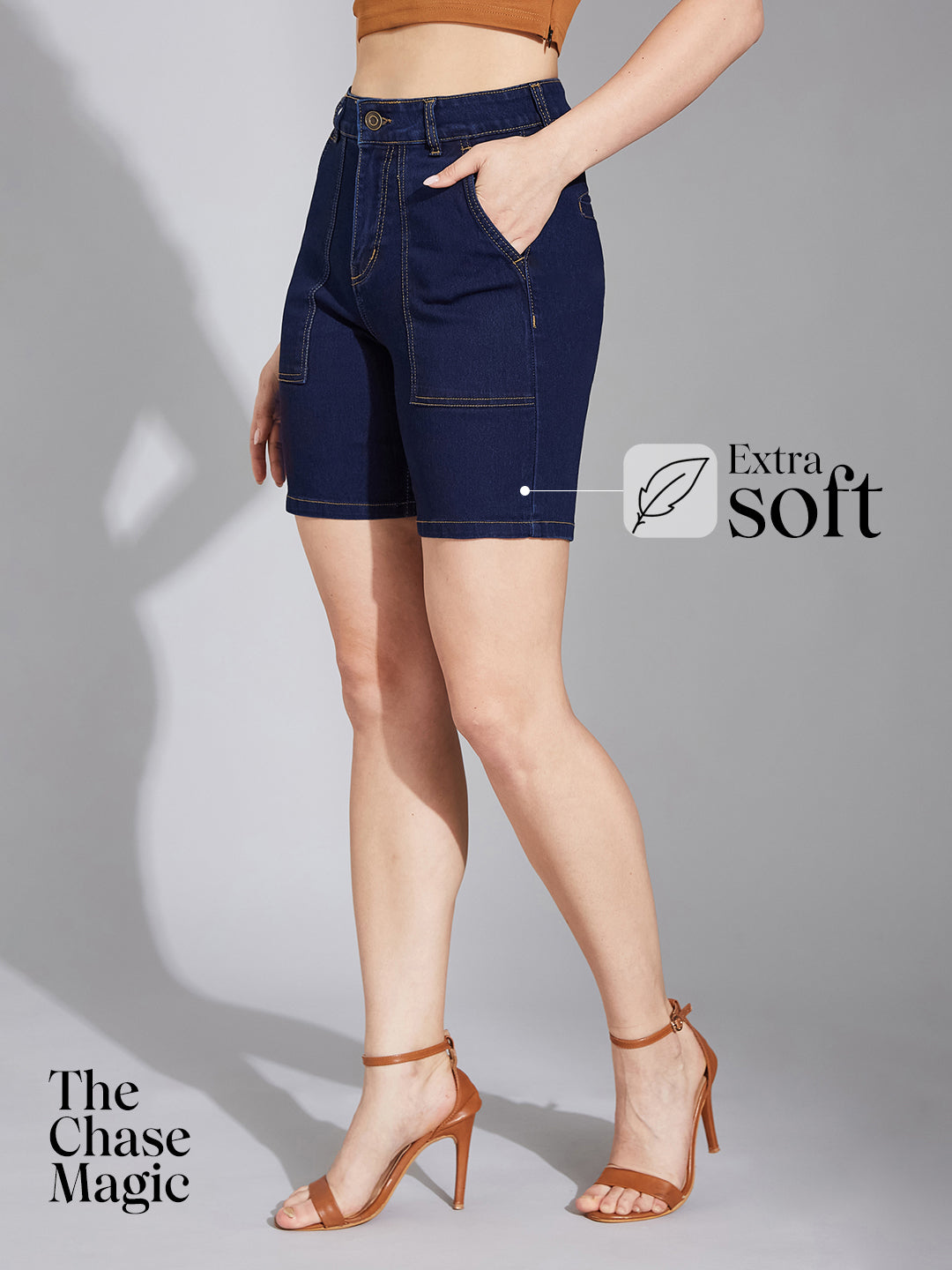 Navy-Blue Regular High-Rise Clean-Look Above-Knee Stretchable Denim Shorts for Women