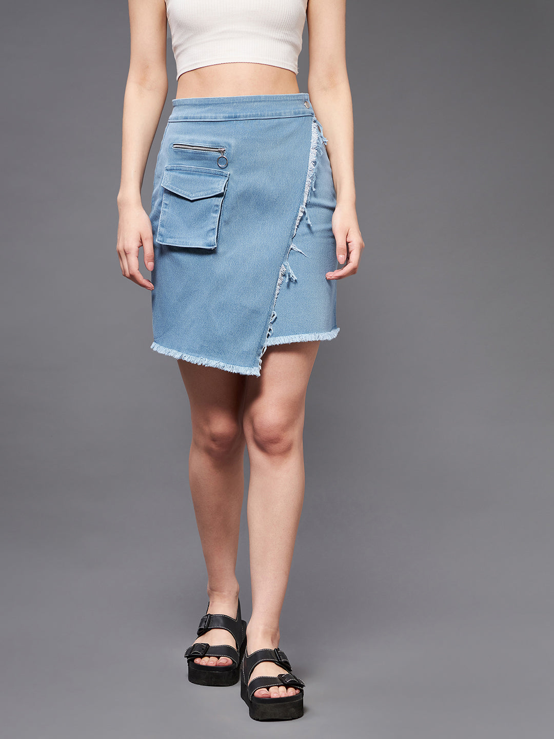 Women's Light Blue Regular High rise Clean look Above Knee Stretchable Denim Skirt