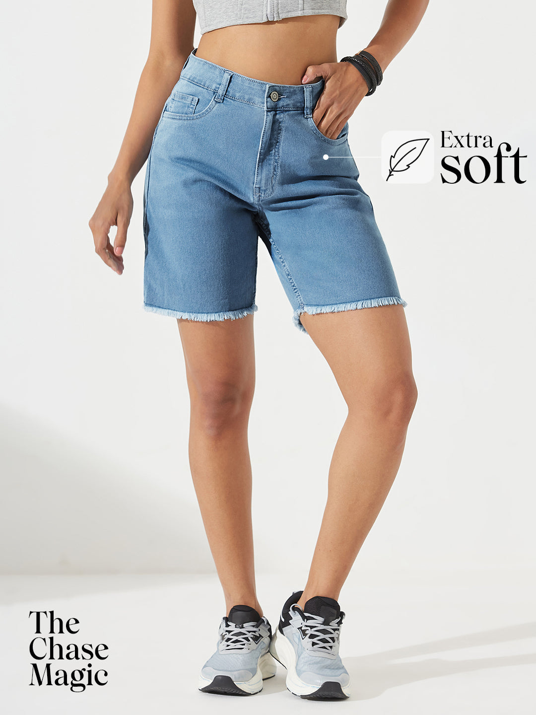 Light Blue High-Rise Above-Knee Stretchable Denim Shorts for Women