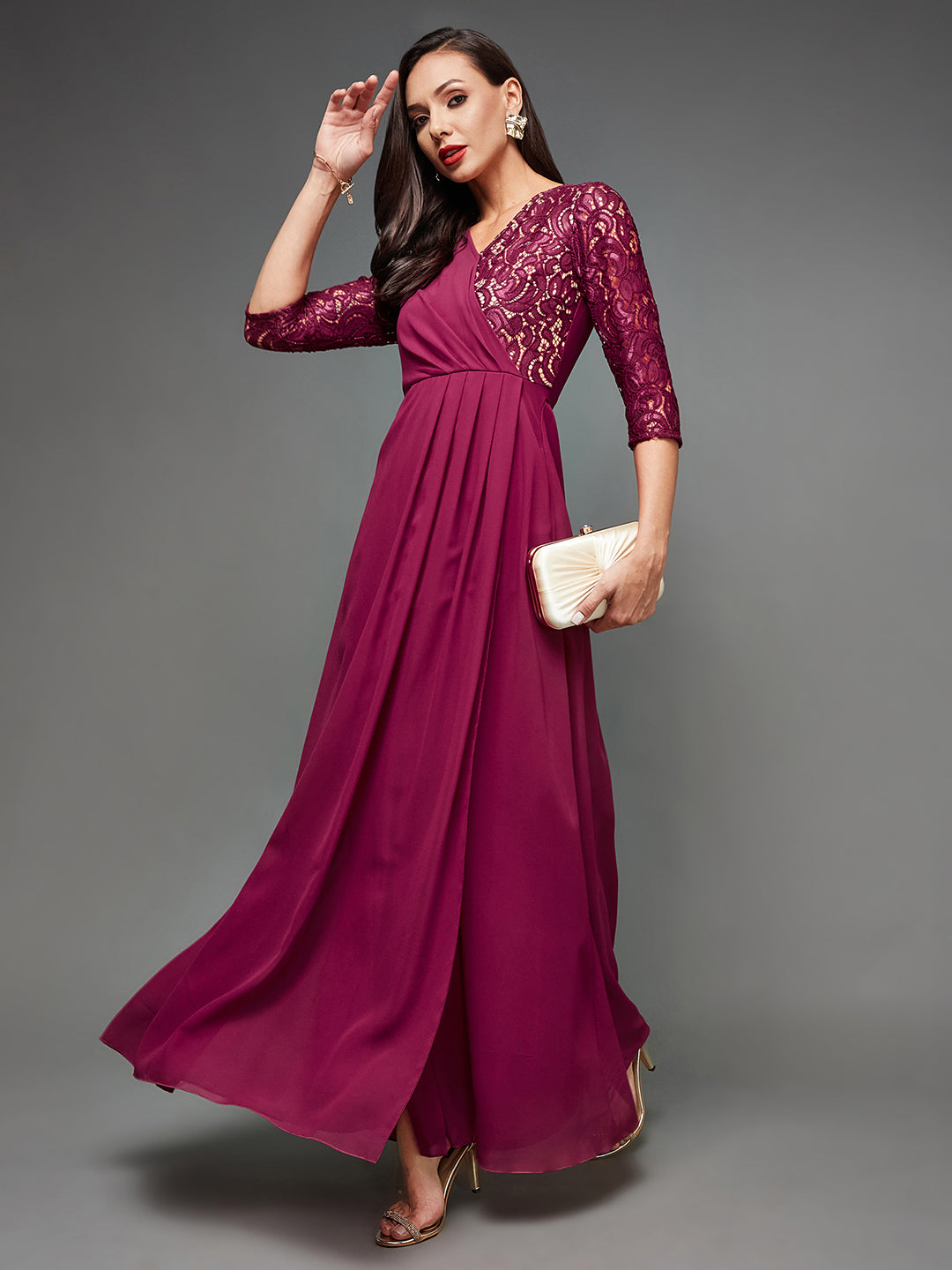 Women's Dark Pink Colored V-Neck Three-Quarter Sleeve Self-Designed Wrap Maxi Georgette Dress