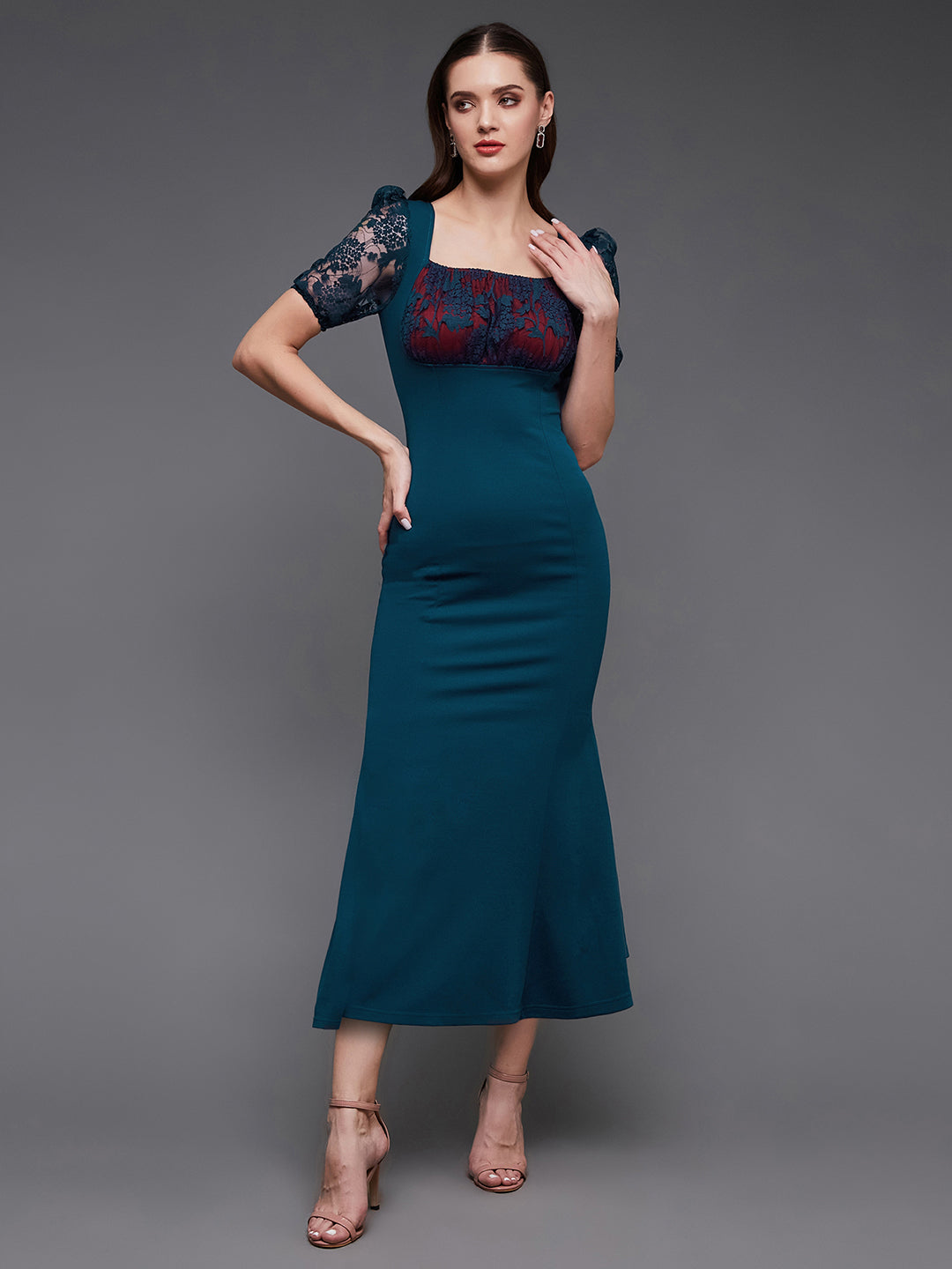 Women's Teal Square Neck Short Puff Sleeve Self Design Lace Overlaid Bodycon Maxi Dress