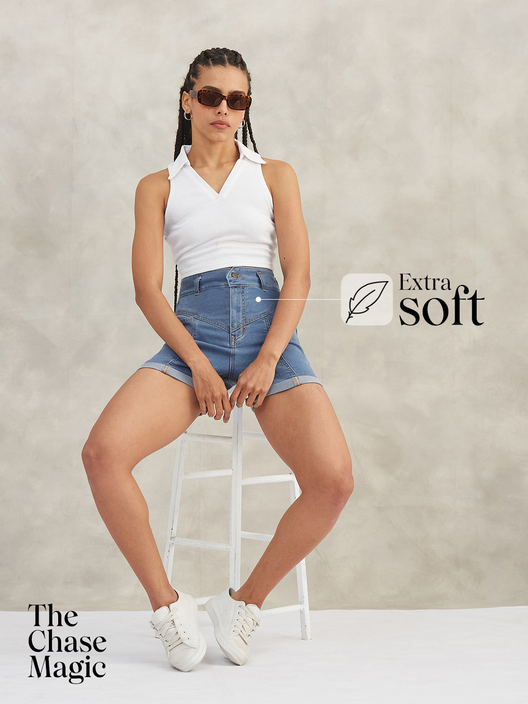 Blue Relaxed-Fit High-Rise Stretchable Blue Denim Shorts for Women — Dolce Crudo