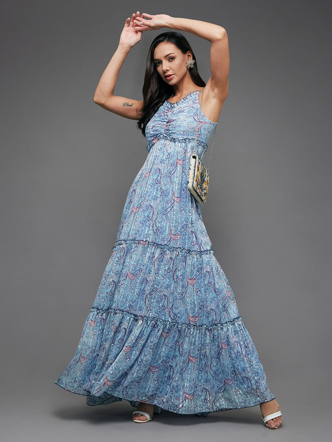 Women's Multicolored-Base-Sky Blue Sweetheart Neckline Adjustable Shoulder Strap Paisley Patterned Tiered Maxi Georgette Dress