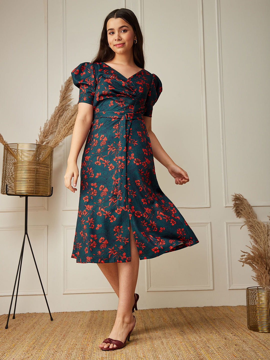 Multicolored-Base-Teal V-neck Puff Sleeve Floral Wrap Midi Dress
