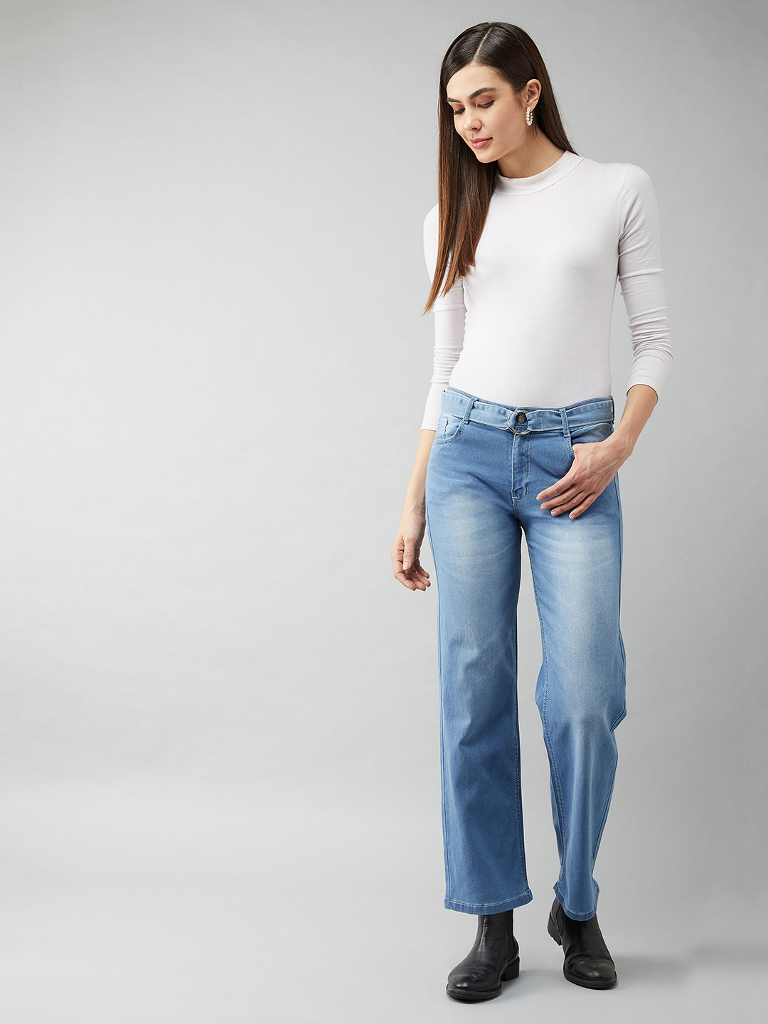 24/7 Comfort Women's Blue Cotton Wide-Leg Relaxed Mid Rise Stretchable Denim Jeans