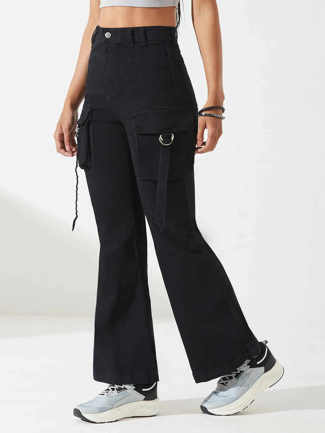 Black Bootcut High-Rise Clean-Look Regular-Length Stretchable Denim Jeans for Women