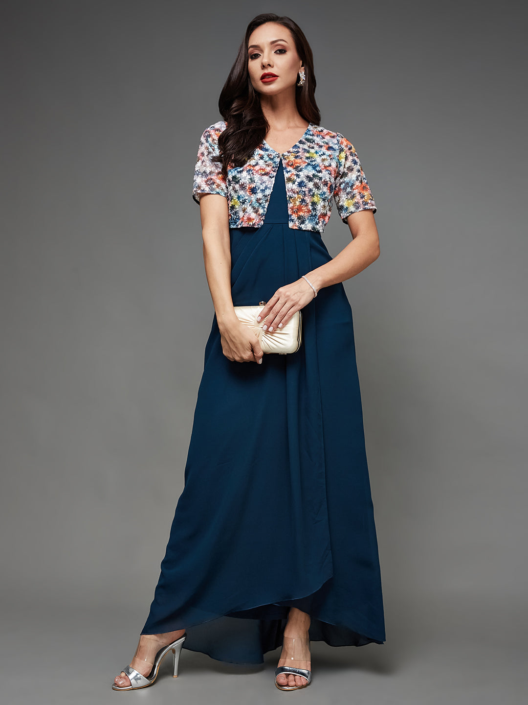 Women's Multicolored-Base-Teal V-Neck Half Sleeve Embroidered Layered Maxi Georgette Dress