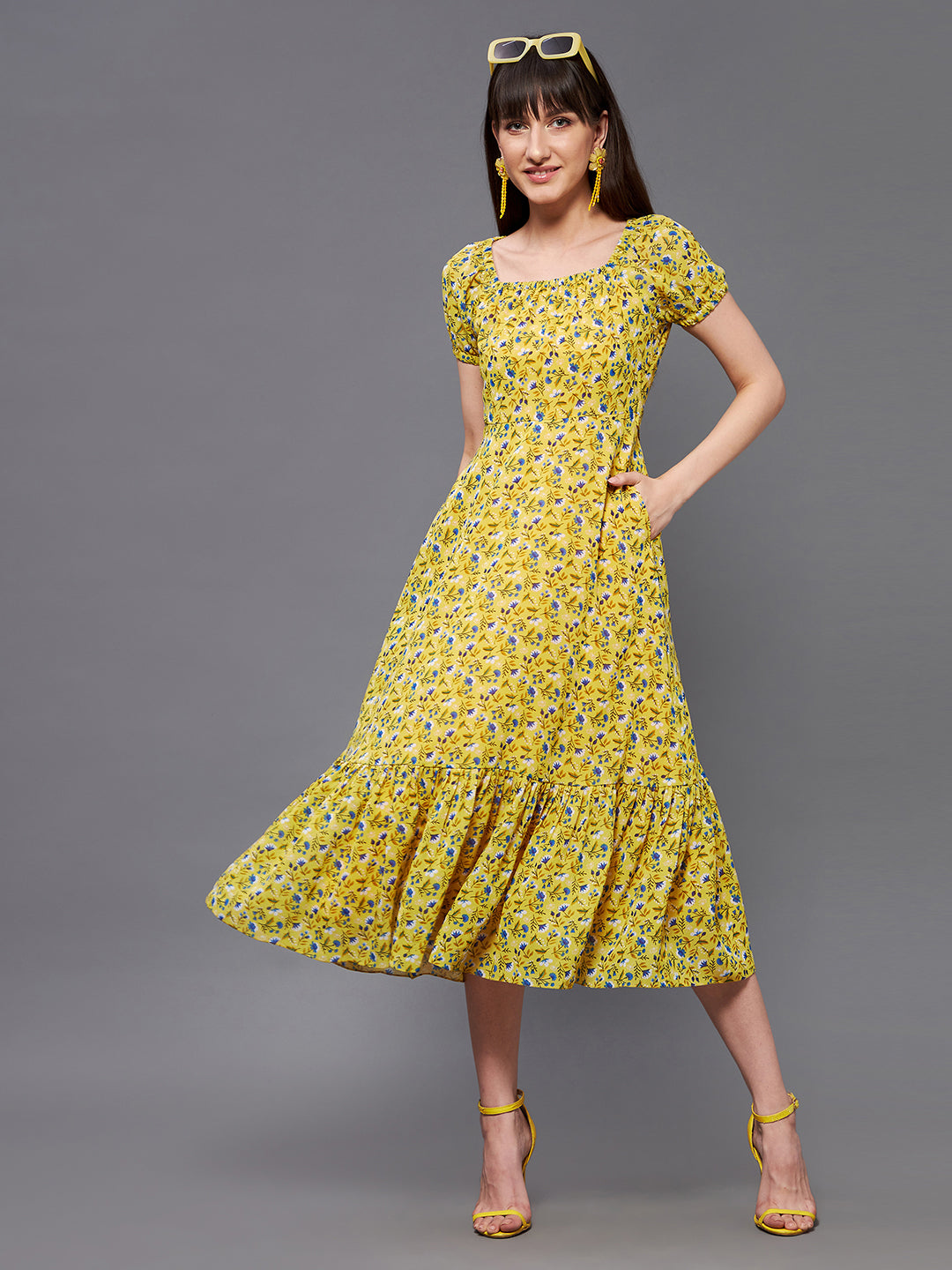 Women's Multicolored Base-Yellow Square Neck Short Puff Sleeve Floral Tiered Georgette Midi Dress