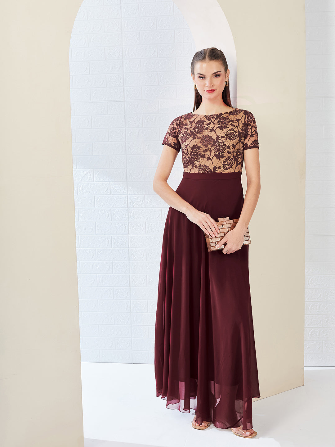 Wine & Beige Relaxed Fit Regular Georgette Dress for Women