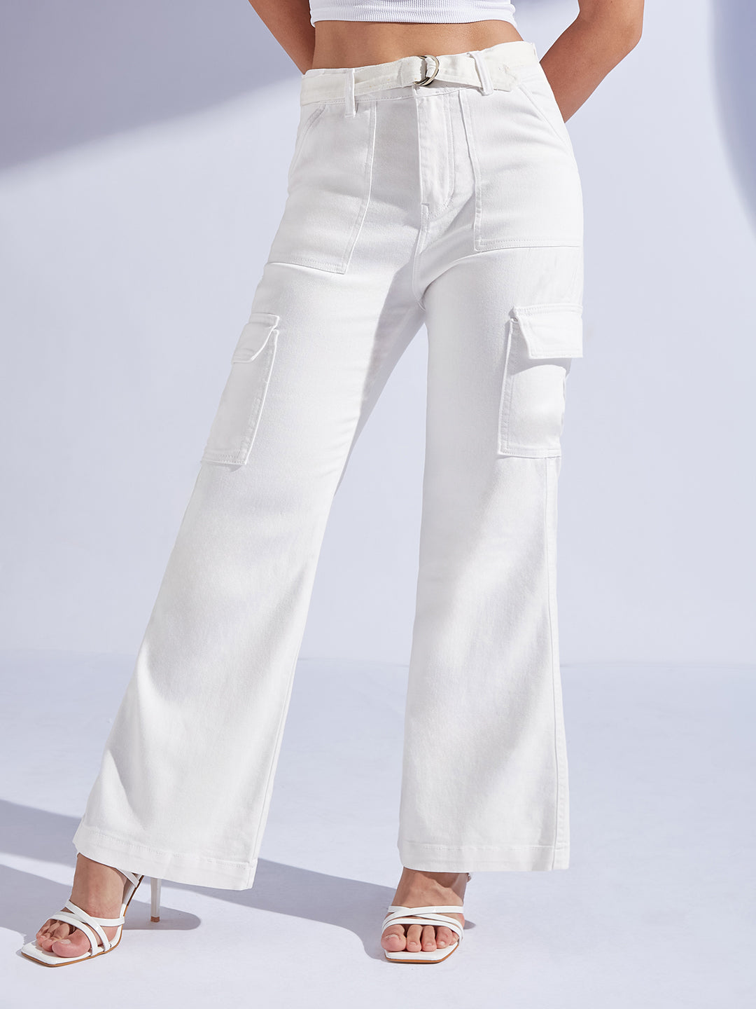 Women's White Wide Leg High-Rise Regular Stretchable Denim Jeans