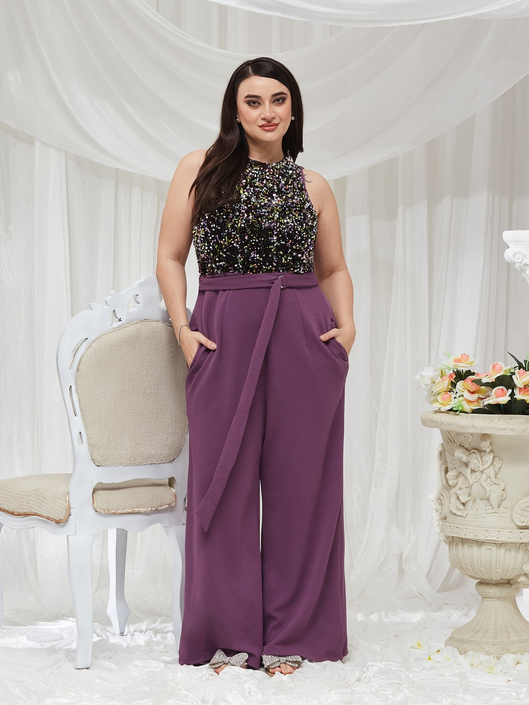 Lavender Halter Neck Sleeveless Embellished Regular-Length Jumpsuit for Women