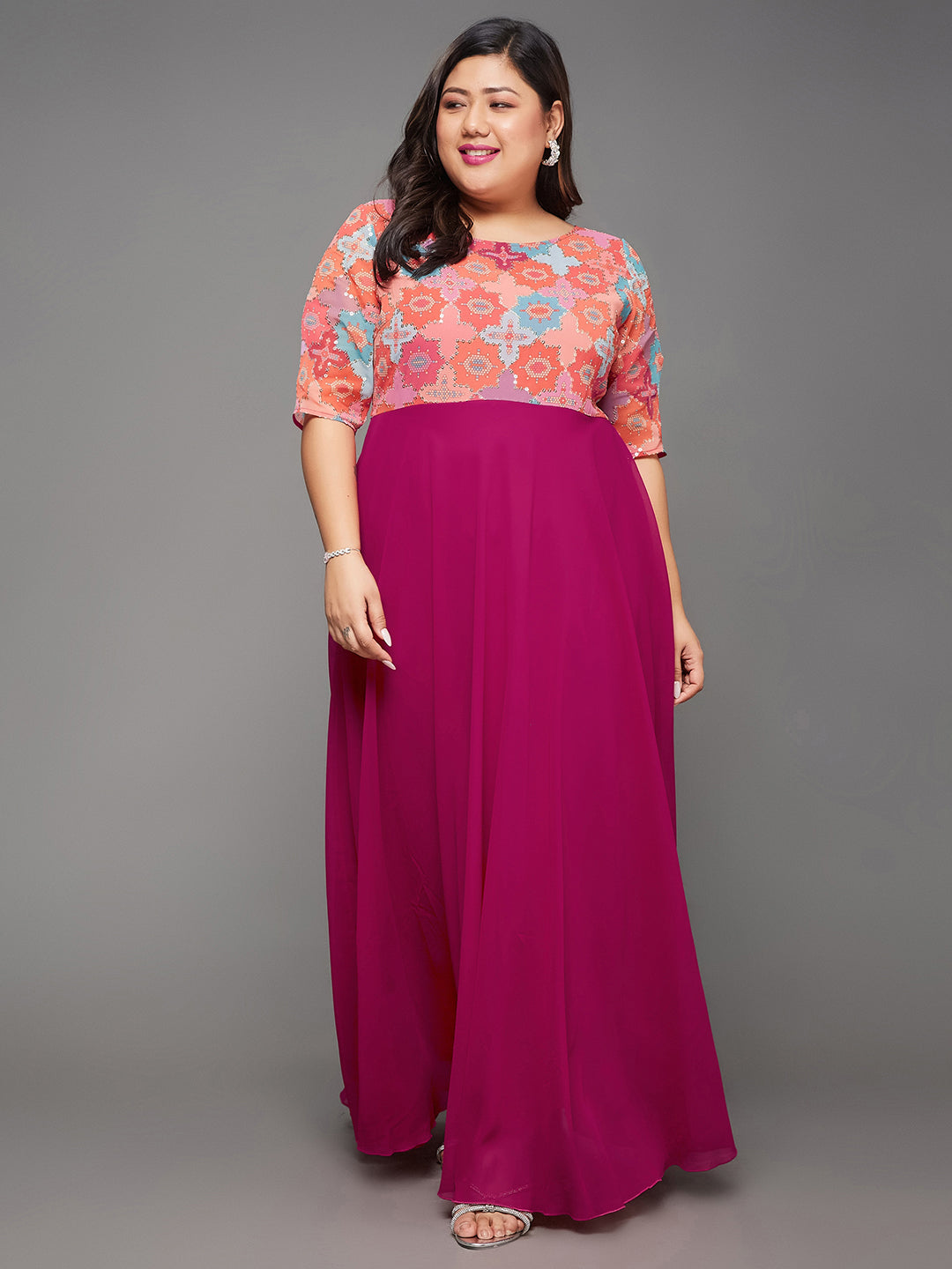 Women's Multicolored-Base-Dark Pink Boat Neck Half Sleeve Geometric Fit & Flare Georgette Maxi Dress