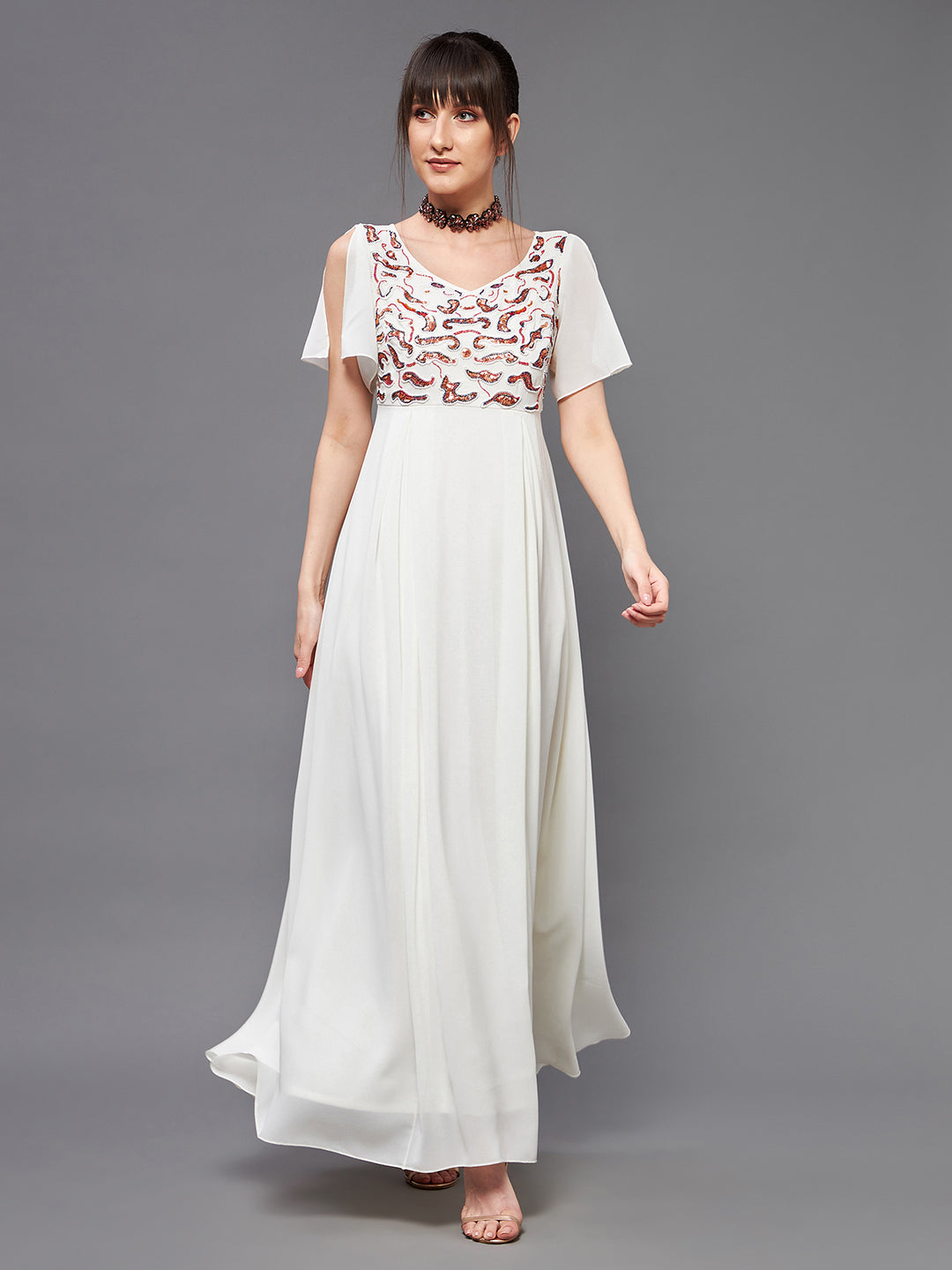 Women's Off White V-Neck Short Slit Sleeve Embroidered Embellished Georgette Maxi Dress