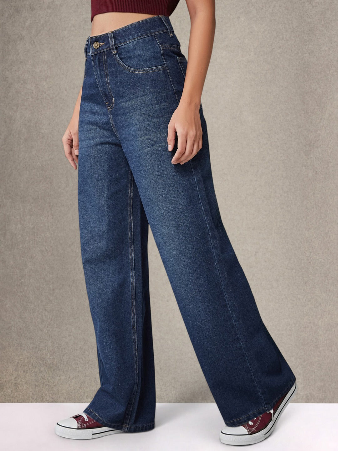 Navy Blue Wide-Leg High-Rise Denim Jeans for Women
