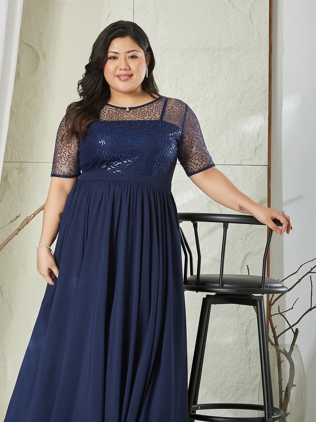 Navy Blue Relaxed Fit Maxi Georgette & Sequins Dress for Women