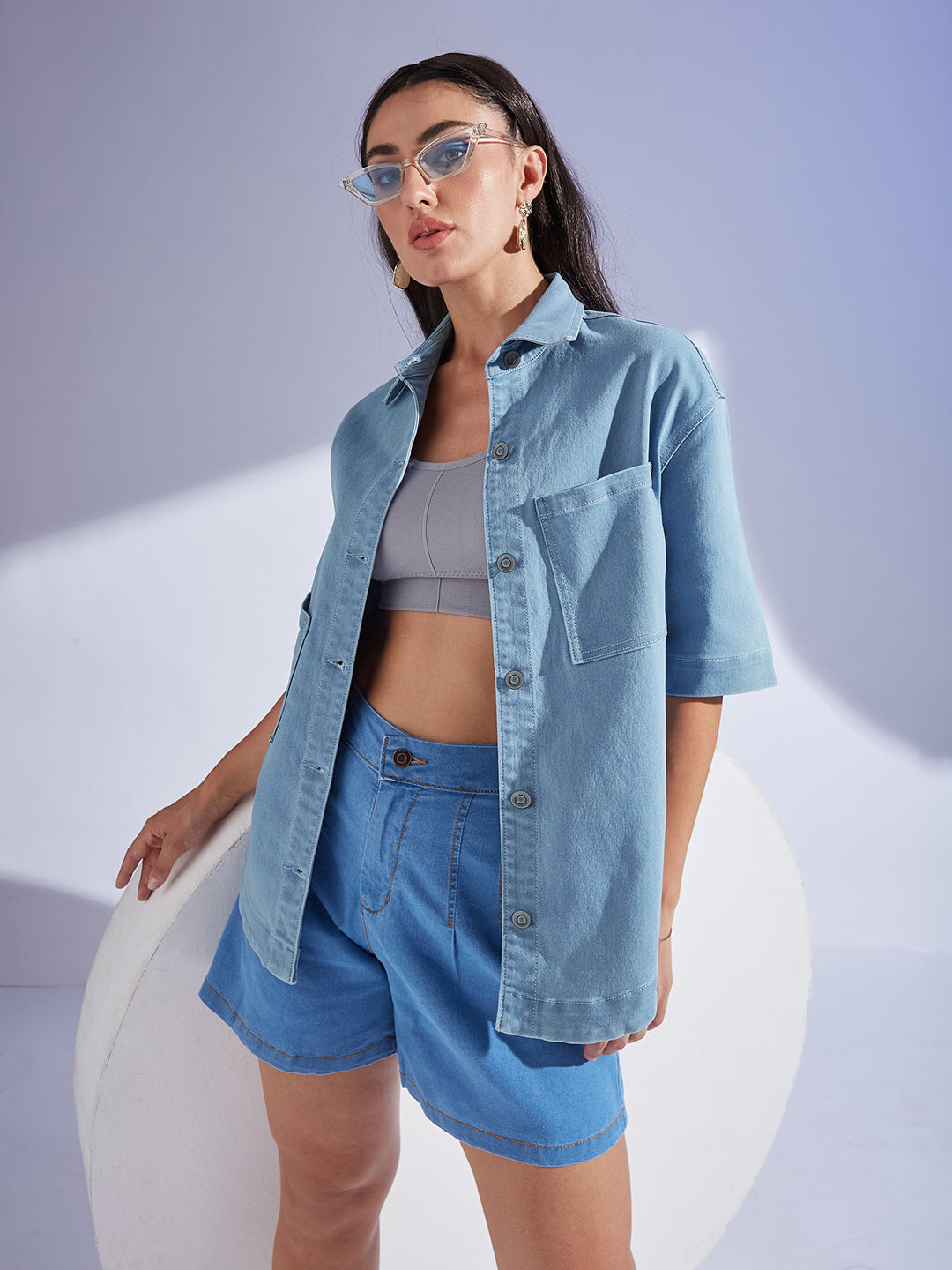 Light Blue Shirt Collar Half Sleeve Asymmetrical Panelled Regular-Length Denim Shirt For Women