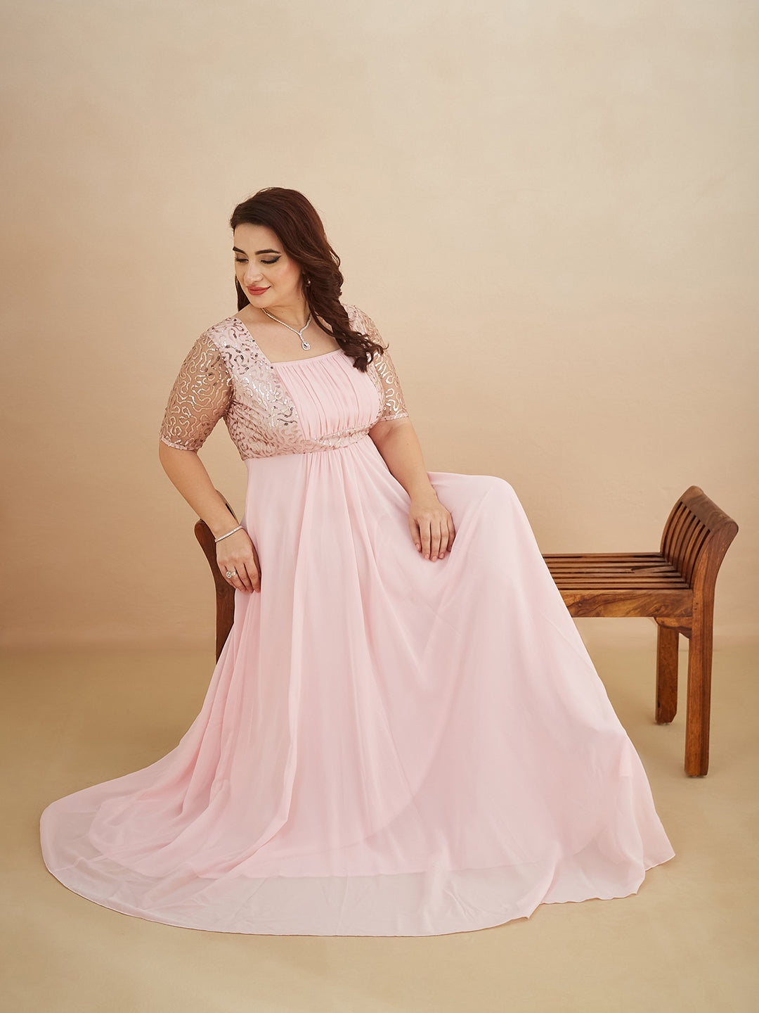 Dusty Pink Square Neck Half Sleeve Solid Embellished Maxi Dress for Women