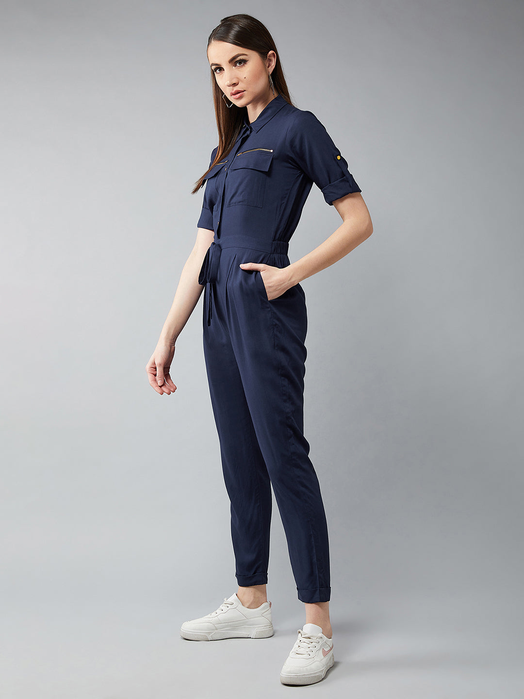 Women's Navy Blue Collared 3/4 Sleeves Solid Straight Leg Regular Length Tie-Up Jumpsuit