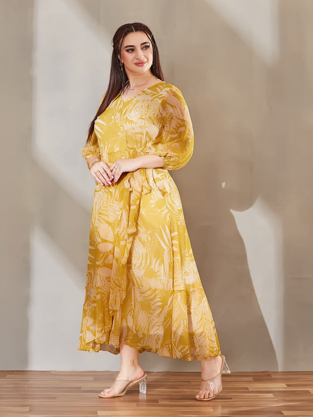 Yellow & White V-Neck Full sleeve Floral Layered Maxi Dress for Women