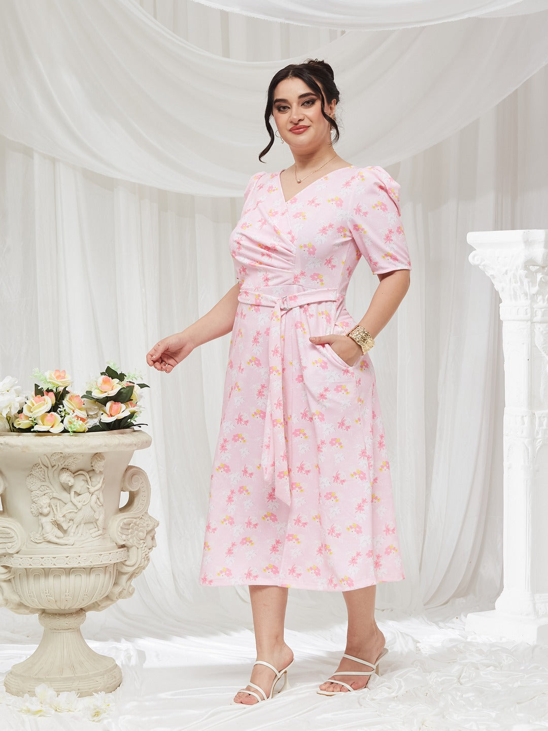 Pink V-neck Puff Sleeve Floral Wrap Midi Dress for Women