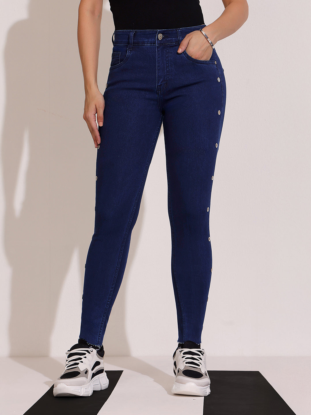 Women's Navy Blue Skinny Fit Mid Rise Cropped Length Eyelet Detailing Denim Stretchable Jeans