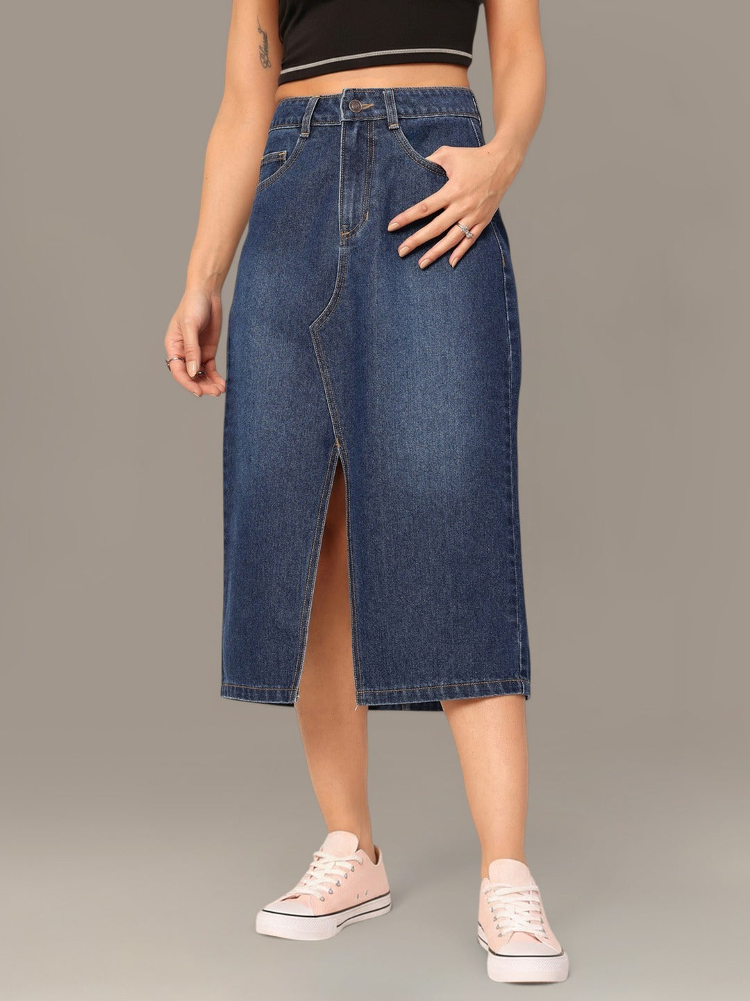Dark Blue A-Line High-Rise Non-stretchable Denim Midi Skirt for Women