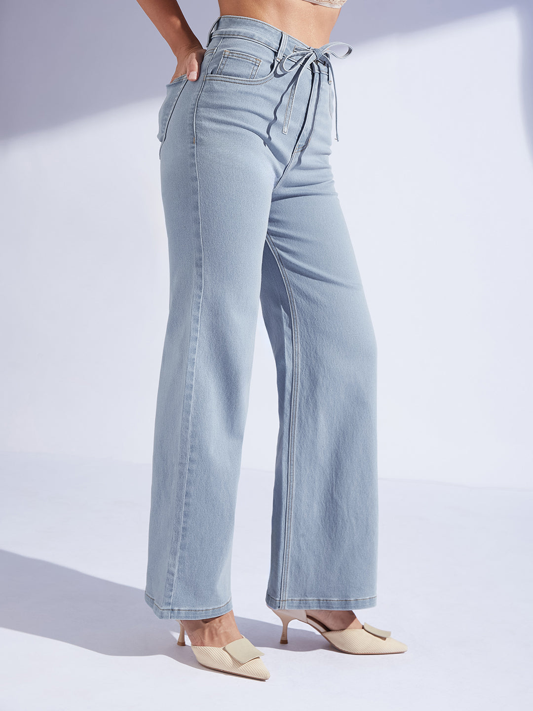 Women's Light Blue High-Rise Wide Leg Stretch Denim Jeans with Tie-Up Waist