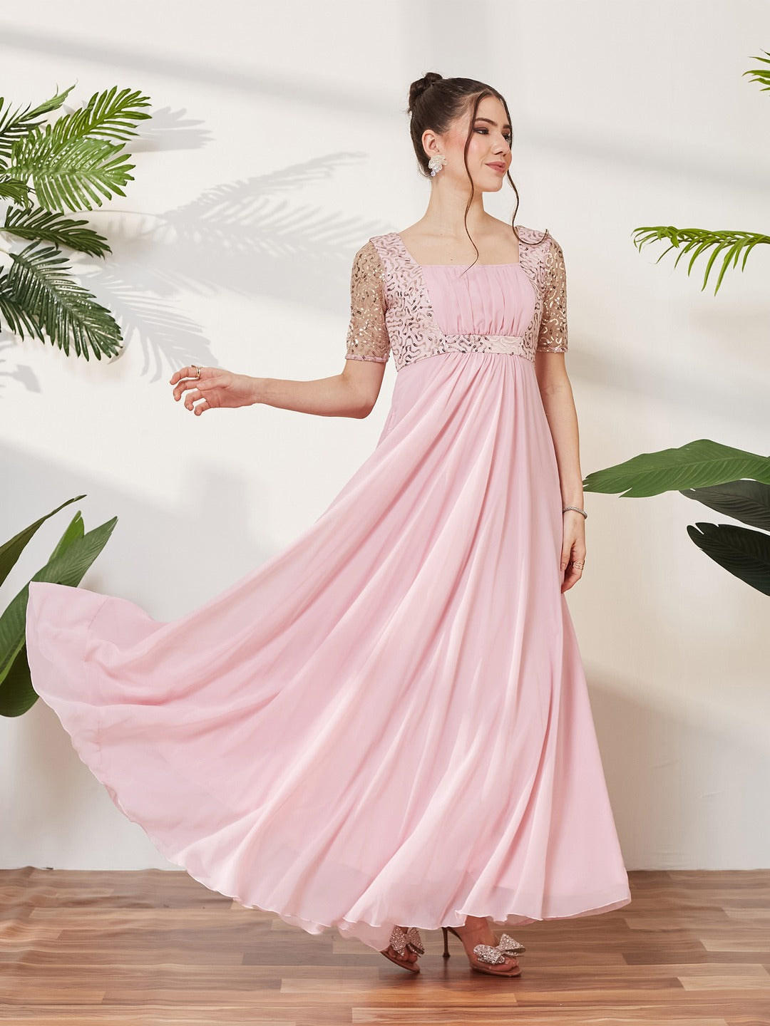 Dusty Pink Square Neck Half Sleeve Solid Embellished Maxi Dress for Women