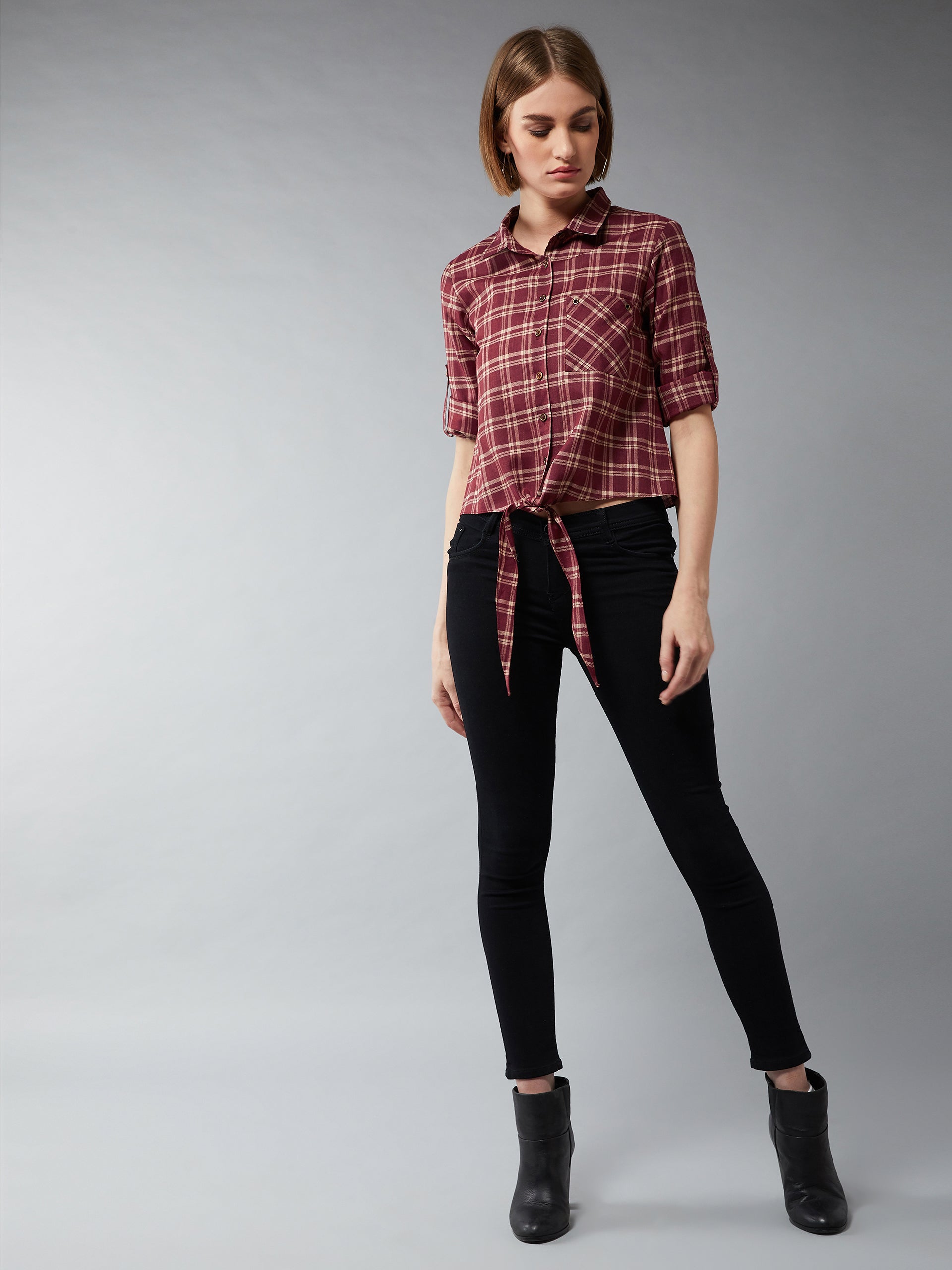 Women's Multicolor-Base Maroon Collared Neck Full Sleeves Checkered Knot Shirt