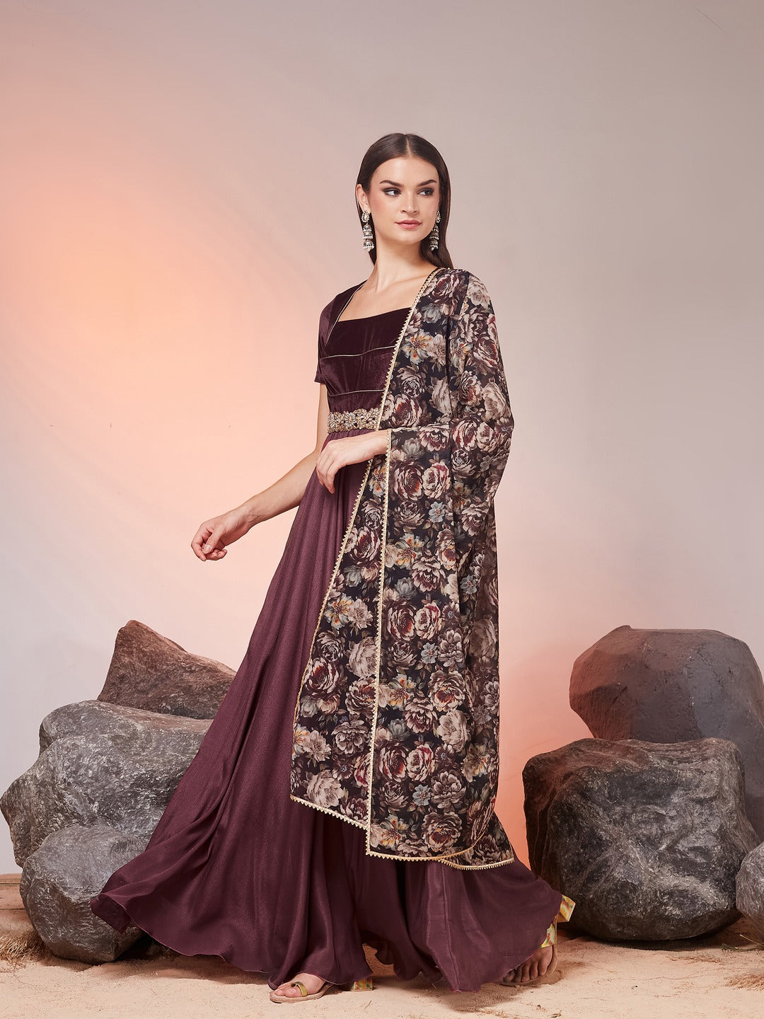 Dark Mauve Sweetheart Neck Half Sleeve Solid Fit & Flare Maxi Chiffon Ethnic Dress for Women