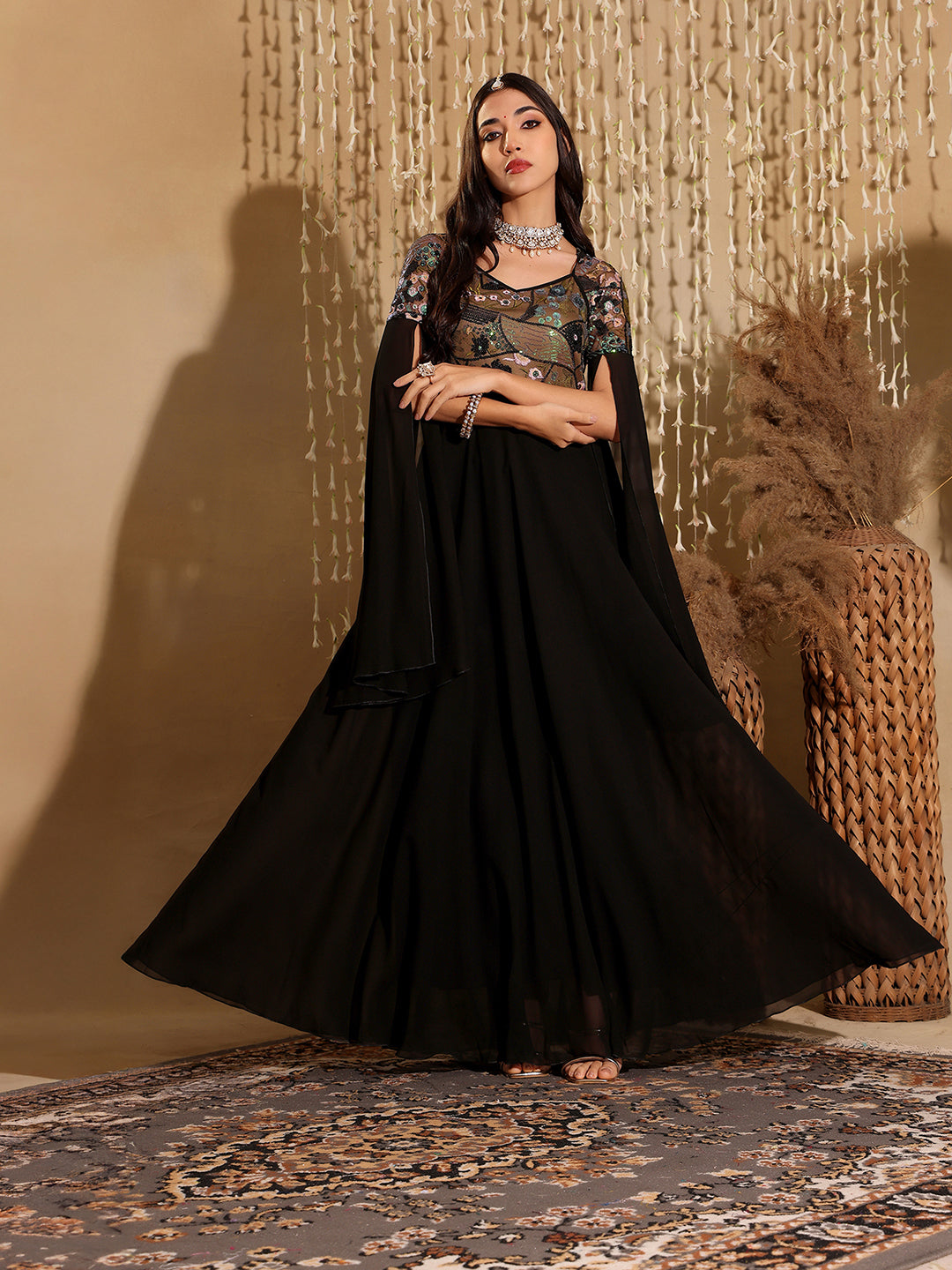 Women's Black Sweet-Heart Full Sleeve Embellished Slit Sleeve Maxi Georgette Dress