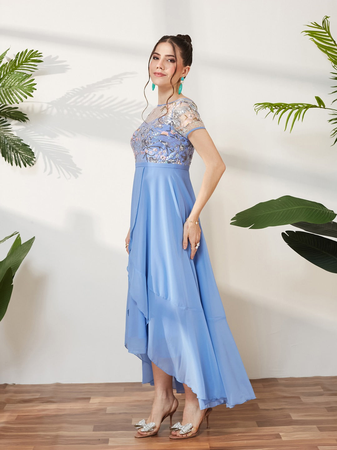 Sky Blue Round Neck Short Sleeve Floral Layered Georgette Midi Dress for Women