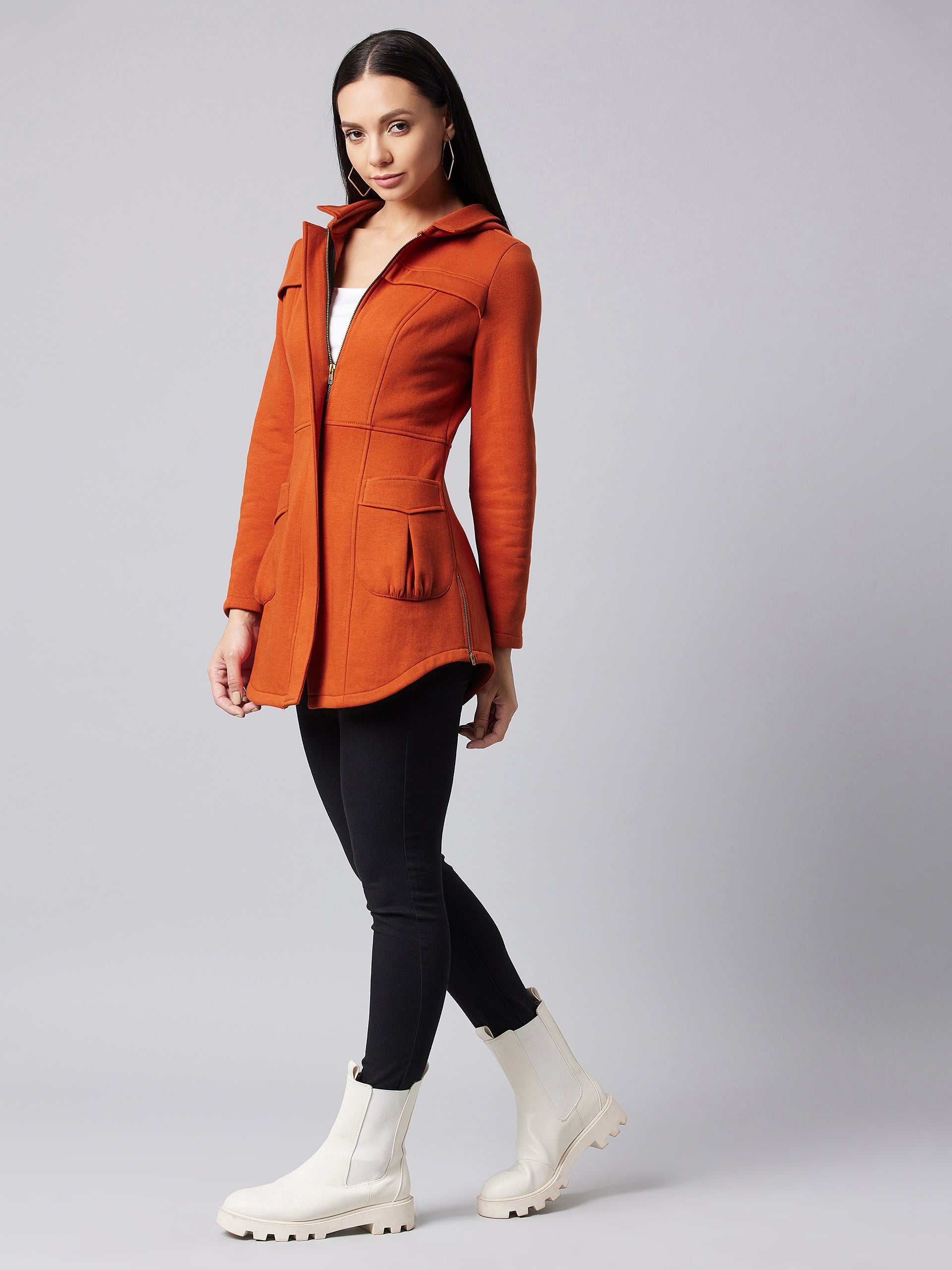 Women's Rust Hooded Full Sleeve Solid Hooded Longline Jacket