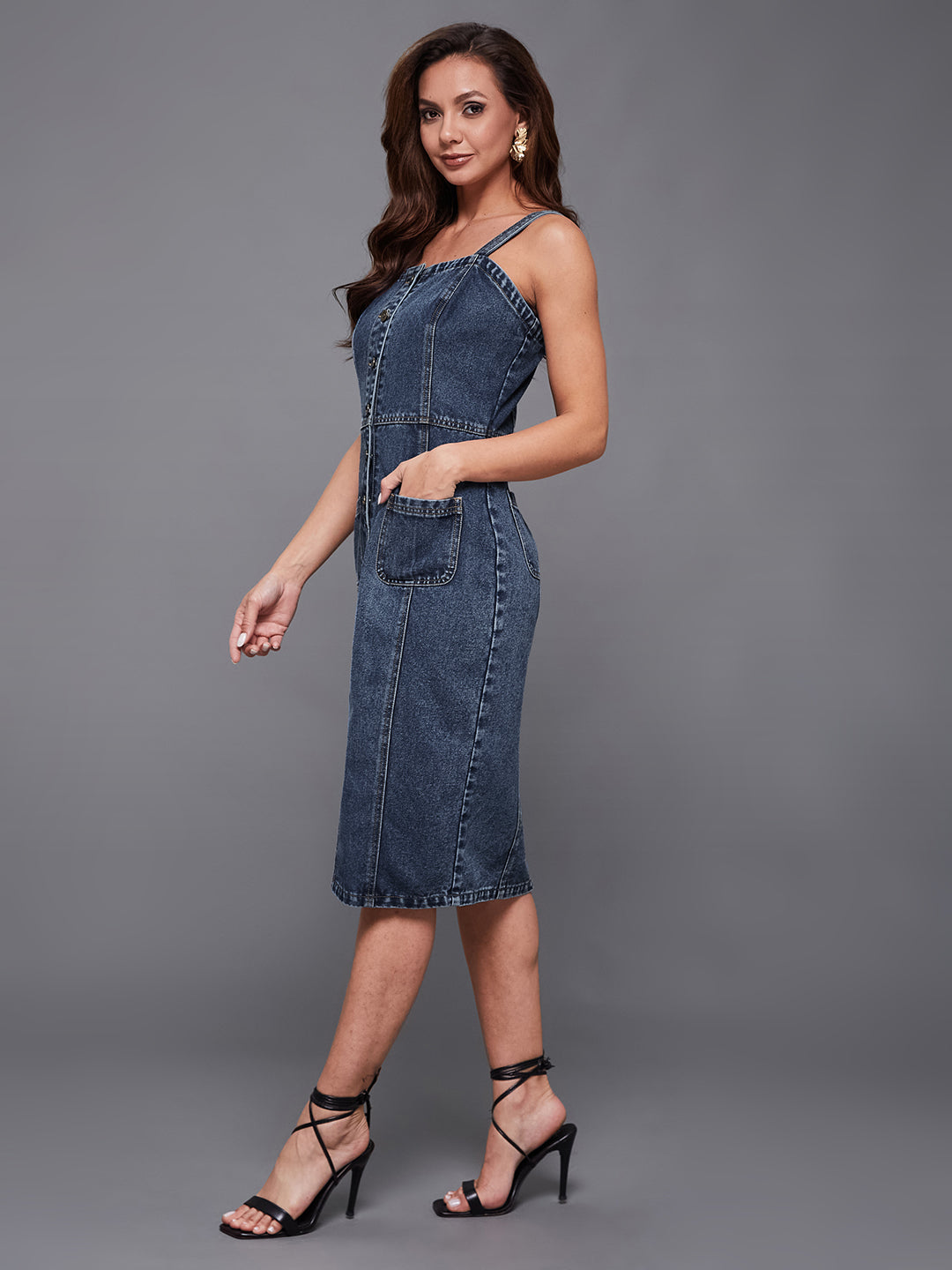 Navy-Blue Slim Midi Denim Dress for Women