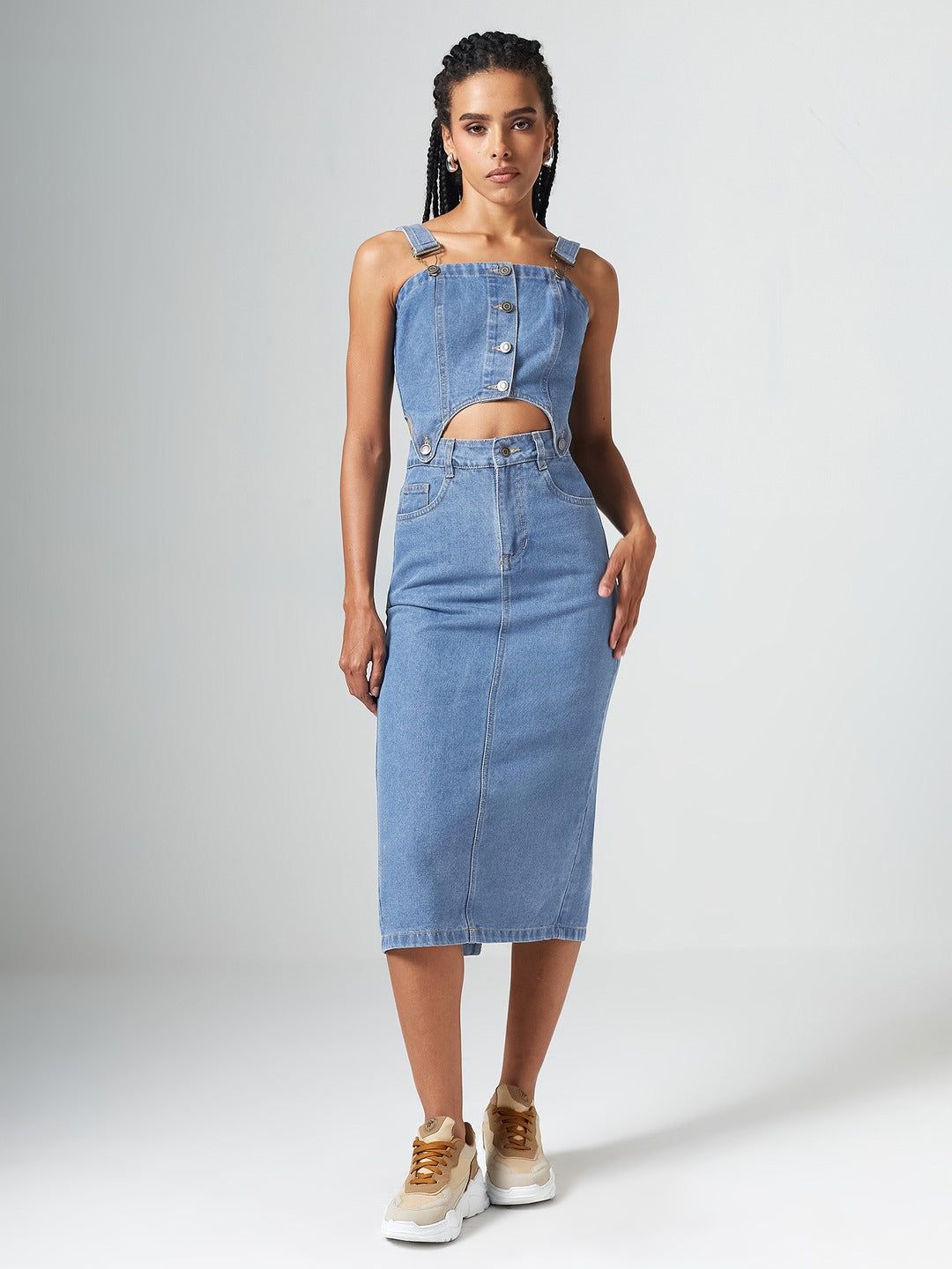 Blue Square Neck Sleeveless Solid Pinafore Detachable Midi Denim Co-Ord Set for Women