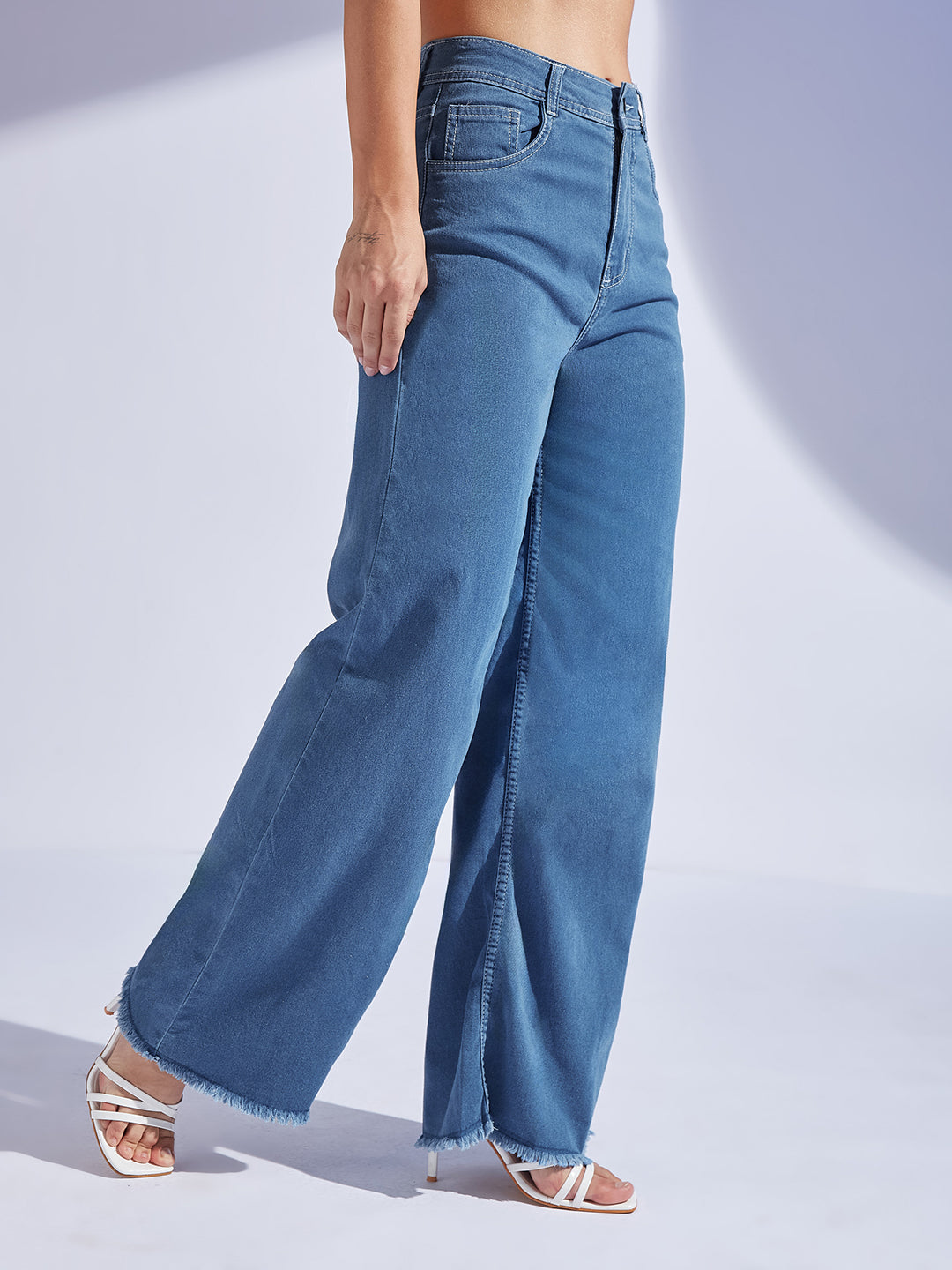 Women's Blue Wide-Leg High-Rise Stretchable Denim Jeans