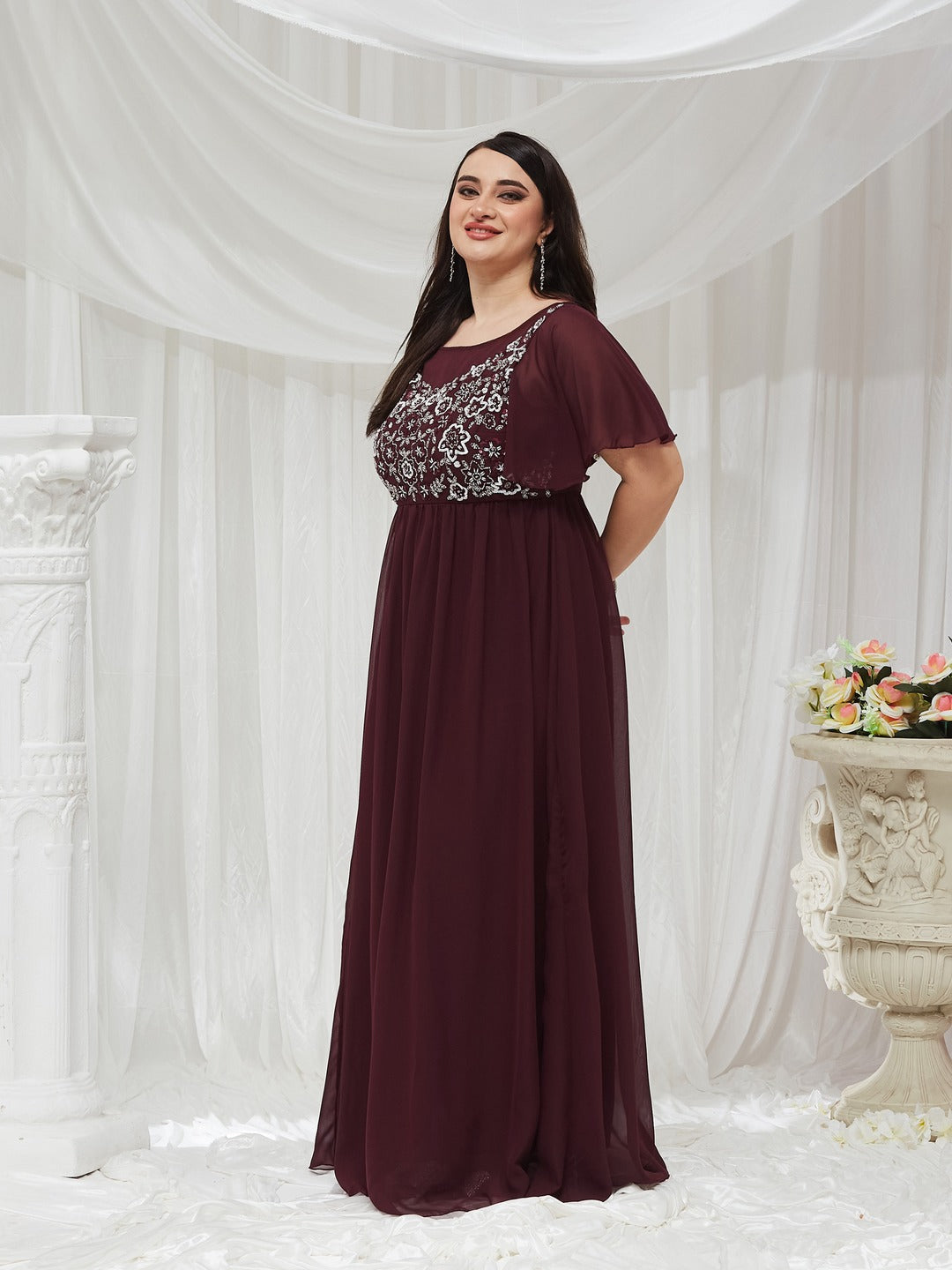 Wine Boat Neck Half Sleeve Solid Embellished Georgette Maxi Dress for Women